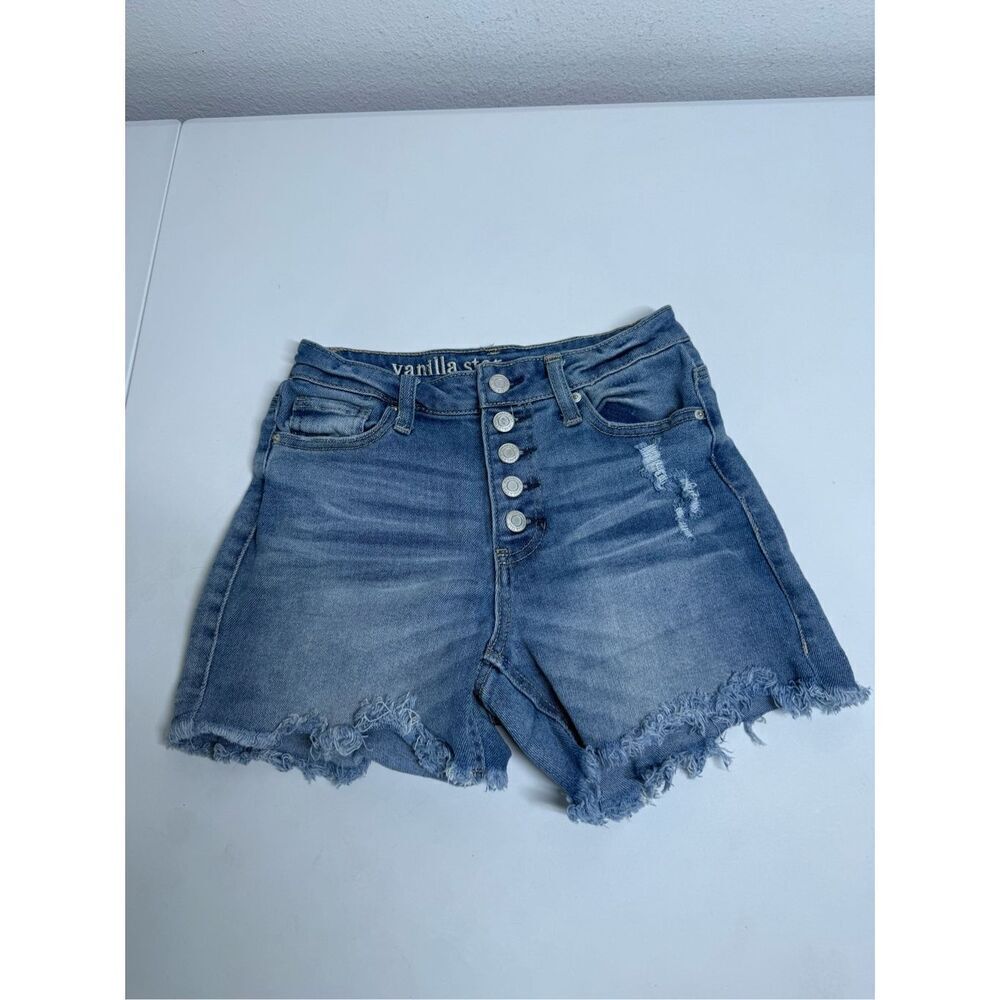 Vanilla Star Women's Juniors Denim Hi-Rise Shorts Size 1 Light Wash 5 Button